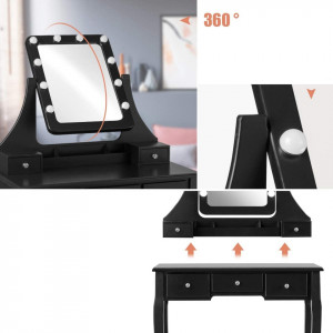 SEN236 - Set Masa Neagra toaleta, 80 cm, cosmetica machiaj, oglinda cu LED, scaunel taburet tapitat