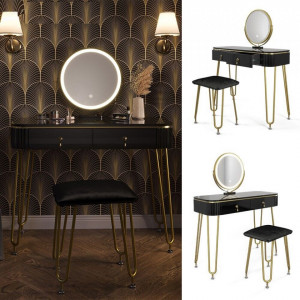 SEN237 - Set Masa toaleta, 100 cm, cosmetica machiaj, oglinda cu LED, scaunel taburet tapitat - Negru Lucios-Auriu