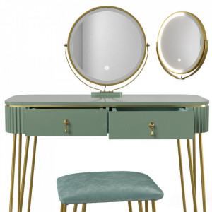 SEV202 - Set Masa toaleta, 100 cm, cosmetica machiaj, oglinda cu LED, scaunel taburet tapitat - Verde Deschis Lucios-Auriu