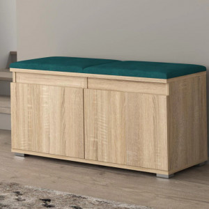 BAM506 - Banca 100x37x51 cm, Pantofar pentru Hol, pantofi, depozitare - Sonoma cu tapiterie Gri/Albastru/Verde