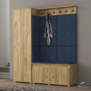 CUI518 - Cuier 154x37x177 cm - 6 agatatori haine, hol, pantofar - Culoare Stejar, tapiterie Verde/Gri/Albastru