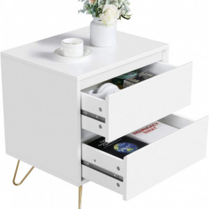 NOA222 - Noptiera cu 2 sertare si picioare metalice, 50 cm, dormitor, living, hol - Alb-Auriu