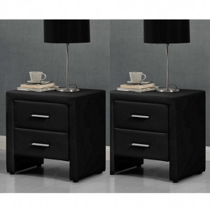 NON211 - Set 2 Noptiere negre capitonate cu 2 sertare pentru dormitor - Piele ecologica