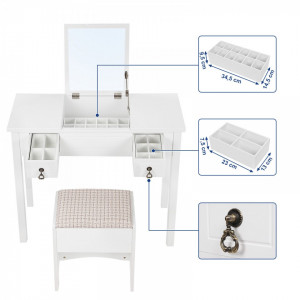 SEA225 - Set Masa alba toaleta cosmetica machiaj oglinda masuta, scaunel taburet tapitat makeup