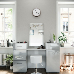 SEA265 - Set Masa alba toaleta 140 cm cosmetica machiaj, oglinda cu LED la alegere, masuta vanity