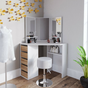 SEA274 - Set Masa toaleta cosmetica machiaj, cu oglinda make-up cu sau fara LED-uri, masuta vanity - Alb cu Maro pe colt