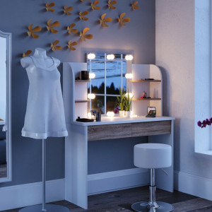 SEA275 - Set Masa toaleta cosmetica machiaj oglinda masuta vanity, oglinda cu sau fara LED - Alb-Maro