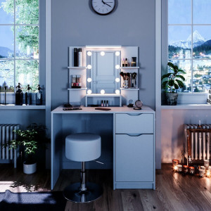 SEA345 - Set Masa alba toaleta moderna, 100 cm, cosmetica machiaj oglinda masuta vanity cu oglinda cu LED sau fara LED