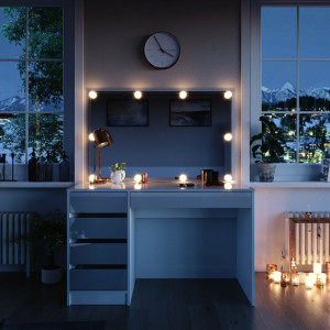SEA352 - Set Masa toaleta, 120 cm, masuta vanity cu incarcare Qi, moderna cosmetica machiaj oglinda cu sau fara LED, cu sau fara scaun- Alb Lucios