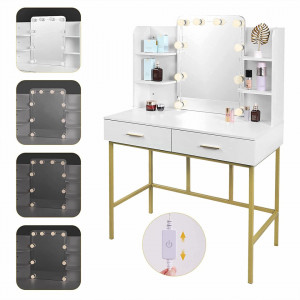 SEA362 - Set Masa toaleta, 90 cm, cosmetica machiaj, oglinda cu LED, masuta vanity - Alb-Auriu
