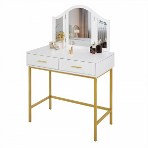 SEA364 - Set Masa toaleta, 80 cm, cosmetica machiaj, oglinda, masuta vanity - Alb-Auriu