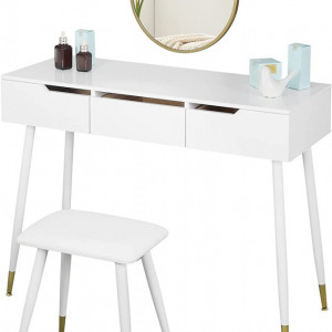 SEA365 - Set Masa toaleta, 100 cm, cosmetica machiaj, oglinda, masuta vanity - Alb-Auriu