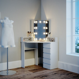 SEA369 - Set Masa toaleta, 113 cm, moderna cosmetica machiaj oglinda, masuta vanity cu sau fara LED - Alb