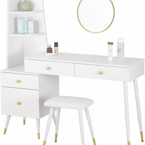 SEA382 - Set Masa toaleta, 100 cm reversibila, cosmetica machiaj, oglinda, masuta vanity - Alb-Auriu