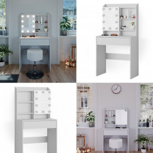 SEA386 - Set Masa alba toaleta 70 cm cosmetica machiaj, oglinda cu sau fara LED, masuta vanity