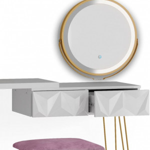 SEA391 - Set Masa toaleta, 120 cm, cosmetica machiaj, oglinda cu LED, masuta vanity, scaun tapitat - Alb-Auriu