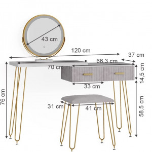 SEA393 - Set Masa toaleta, 120 cm, cosmetica machiaj, oglinda cu LED, masuta vanity, scaun tapitat - Alb-Auriu-Gri