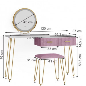 SEA394 - Set Masa toaleta, 120 cm, cosmetica machiaj, oglinda cu LED, masuta vanity, scaun tapitat - Alb-Auriu-Roz