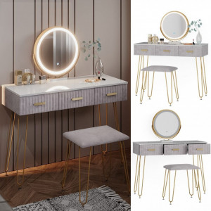 SEA395 - Set Masa toaleta, 100 cm, cosmetica machiaj, oglinda cu LED, masuta vanity, scaun tapitat - Alb-Auriu-Gri