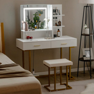 SEA397 - Set Masa toaleta, 100 cm, cosmetica machiaj, oglinda cu LED, masuta vanity, scaun tapitat - Alb-Auriu