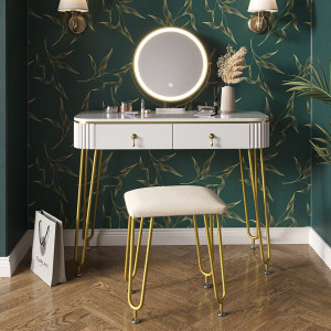 SEA398 - Set Masa toaleta, 100 cm, cosmetica machiaj, oglinda cu LED, scaunel taburet tapitat - Alb Lucios-Auriu