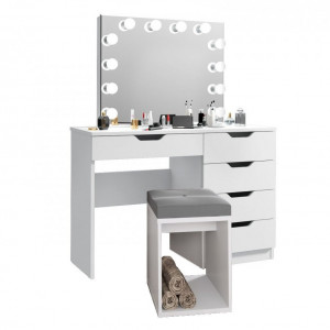 SEA514 - Set Masa toaleta, 110 cm, cosmetica machiaj cu sau fara scaun, masuta vanity, oglinda cu LED-uri - Alb