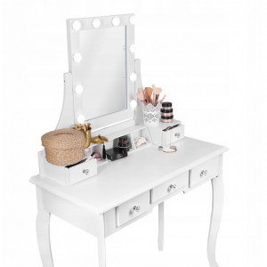 SEA521 - Set Masa alba toaleta, 80 cm, cosmetica machiaj oglinda cu LED, masuta vanity, scaunel, taburet tapitat