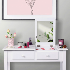 SEA602 - Set Masa toaleta, 80 cm, consola cosmetica machiaj masuta vanity make-up cu oglinda rabatabila - Alb