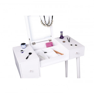 SEA605 - Set Masa toaleta, 80 cm, consola cosmetica machiaj masuta vanity make-up cu oglinda rabatabila si scaun tapitat- Alb