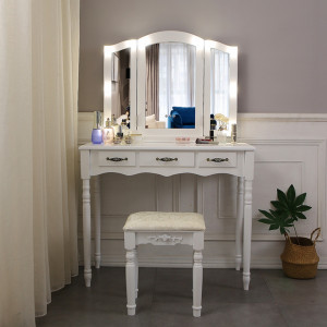 SEA76 - Set Masa toaleta, 90 cm, cosmetica, masa machiaj cu oglinda LED si scaun, masuta vanity - Alb