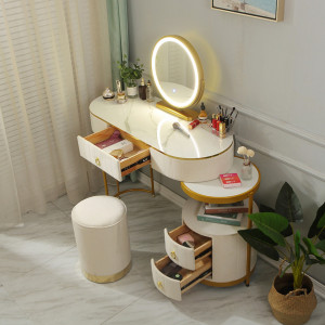 SEA79 - Set Masa toaleta, 100 cm, cosmetica, masa machiaj cu oglinda LED si scaun, masuta vanity - Alb-Auriu