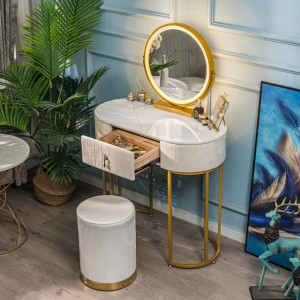 SEA80 - Set Masa toaleta, 80 cm, cosmetica, masa machiaj cu oglinda LED si scaun, masuta vanity - Alb-Auriu