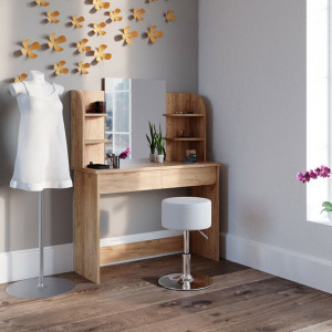 SEM220 - Set Masa toaleta, 108 cm, cosmetica machiaj oglinda cu sau fara LED, masuta vanity, cu sau fara scaunel - Maro