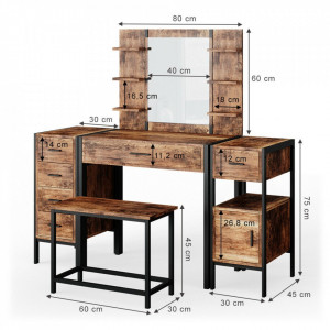 SEM229 - Set Masa toaleta, 140 cm, cosmetica machiaj oglinda cu sau fara LED, masuta vanity, cu sau fara bancuta - Maro stil industrial