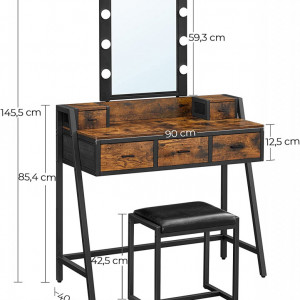 SEM230 - Set Masa toaleta, 90 cm, cosmetica machiaj cu oglinda cu LED, masuta vanity cu scaun tapitat - Maro stil industrial