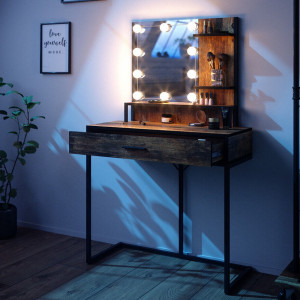 SEM232 - Set Masa toaleta, 80 cm, cosmetica machiaj oglinda cu sau fara LED, masuta vanity, cu sau fara bancuta - Maro stil industrial