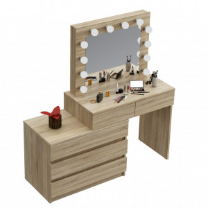 SEM511 - Set Masa toaleta, 130 cm, cosmetica machiaj oglinda masuta vanity, oglinda cu LED-uri cu sau fara scaun - Sonoma