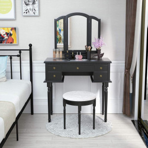 SEN124 - Set Masa toaleta cosmetica 85 cm machiaj masuta vanity, oglinda make-up, cosmetica cu scaun tapitat - Negru