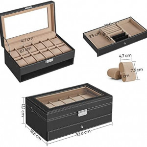 CJN2 - Cutie cutiuta ceasuri, bijuterii, 32 cm, imitatie piele - Negru