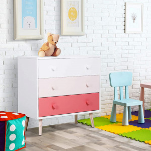 COAC3 - Comoda copii 90 cm, dulap pentru camera copiilor, Alb-Roz