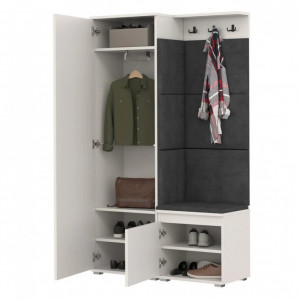 CUI510 - Cuier 104x37x177 cm - 3 agatatori haine, hol, pantofar - Alb, tapiterie Turcoaz/Gri/Albastru