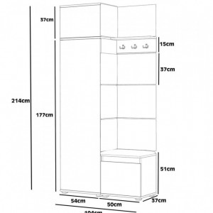 CUI512 - Cuier 104x37x214 cm - 3 agatatori haine, hol, pantofar - Stejar, tapiterie Turcoaz/Gri/Albastru
