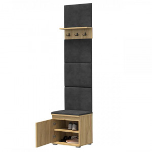 CUI524 - Cuier 50x37x214 cm - 3 agatatori haine, hol, pantofar - Culoarea Stejar, tapiterie Verde/Gri/Albastru
