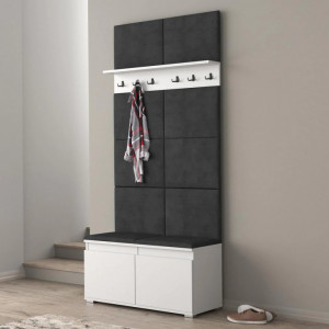 CUI525 - Cuier 100x37x214 cm - 6 agatatori haine, hol, pantofar - Alb, tapiterie Verde/Gri/Albastru
