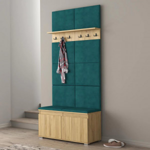 CUI527 - Cuier 100x37x214 cm - 6 agatatori haine, hol, pantofar - Culoarea Stejar, tapiterie Verde/Gri/Albastru
