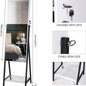 OGA18 - Oglinda caseta de bijuterii, dulap cu LED in interior, dulapior cu oglinda si picior pentru dressing - Alb