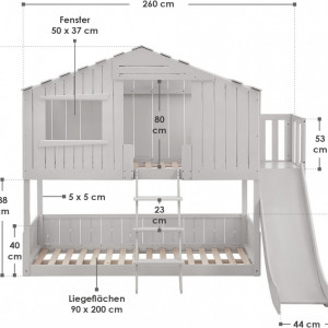 PAAC211 - Pat casuta supraetajat cu tobogan, 90x200 cm, pentru 2 copii, cu somiere - Alb