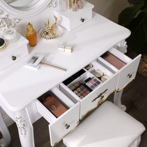 SEA273- Set Masa toaleta, 80 cm, cosmetica machiaj cu scaun tapitat, cu oglinda make-up, masuta vanity - Alba