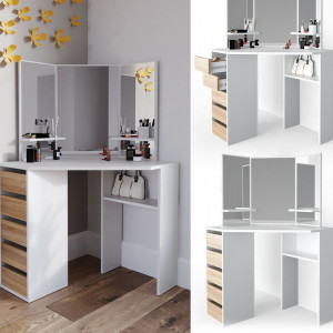SEA274 - Set Masa toaleta cosmetica machiaj, cu oglinda make-up cu sau fara LED-uri, masuta vanity - Alb cu Maro pe colt