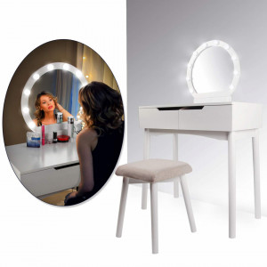 SEA278 - Set Masa alba toaleta, 80 cm, cosmetica machiaj oglinda cu LED, masuta vanity, scaunel, taburet tapitat